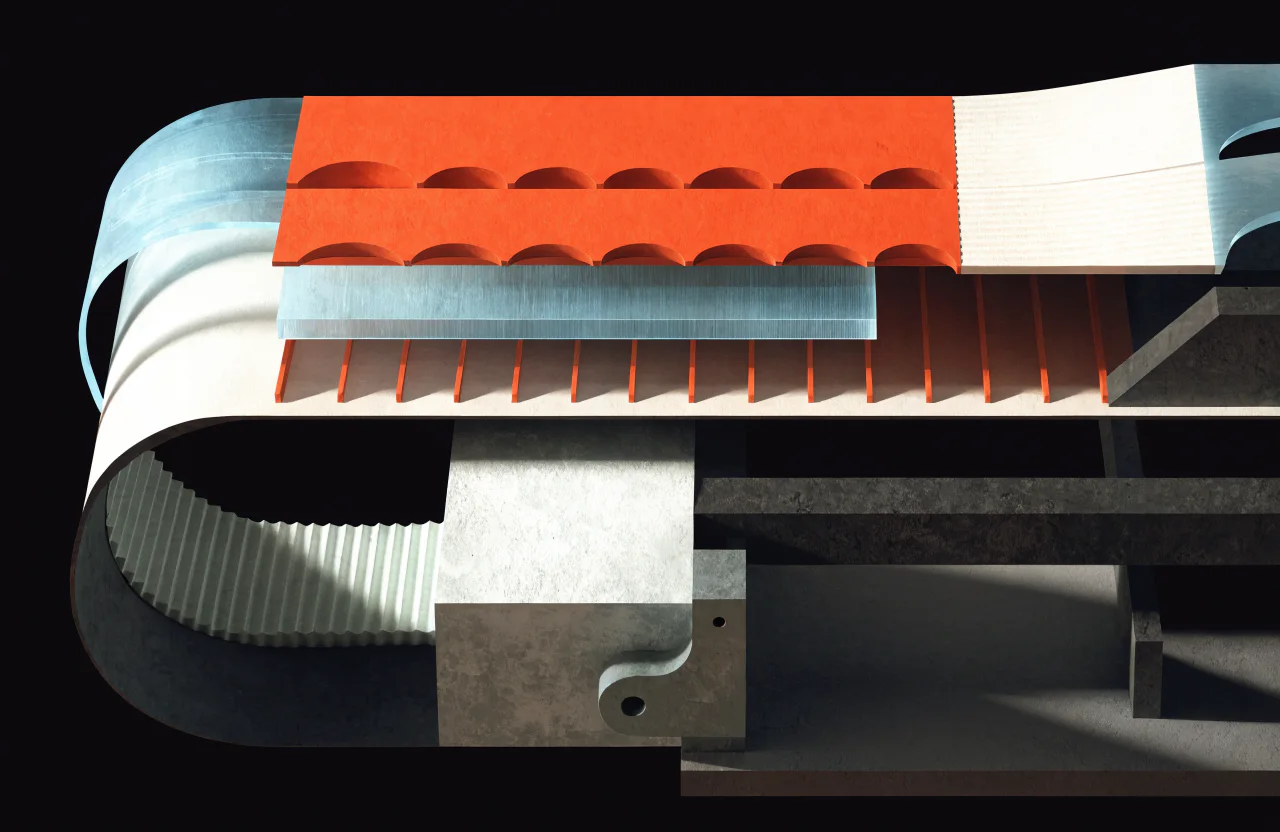 An abstract mechanical assembly built from interlocking orange, steel, and graphite layers.