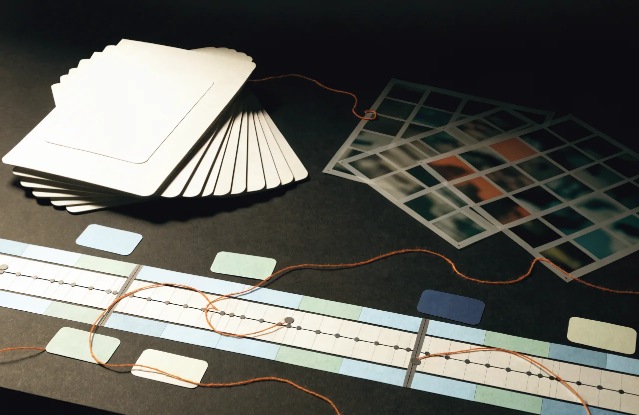 A dark editorial worktable with public-record cards, image grids, and a connected timeline.